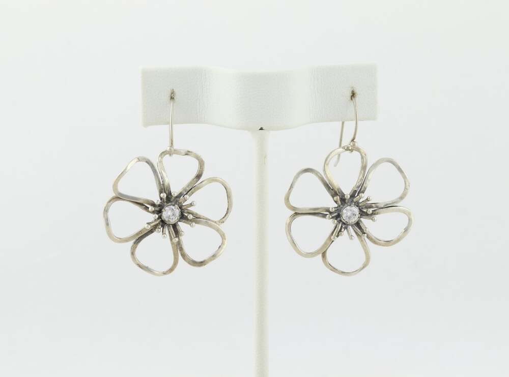 Sterling Silver Cubic Zirconia Flower Earrings Dangle Drop Israel 1 3/4" X 1 1/8